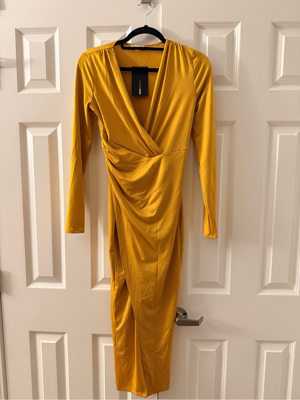 Sleek Gold Long-Sleeve Wrap Midi Dress